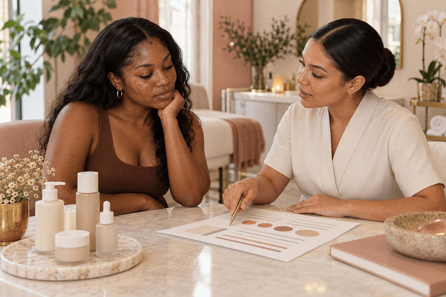 Adult woman with medium-deep brown skin discussing a chemical peel consultation checklist and skin-tone swatches with an esthetic professional