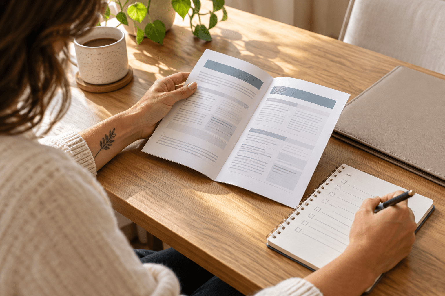 Adult with a small healed forearm tattoo reviewing a generic health-plan booklet and coverage checklist