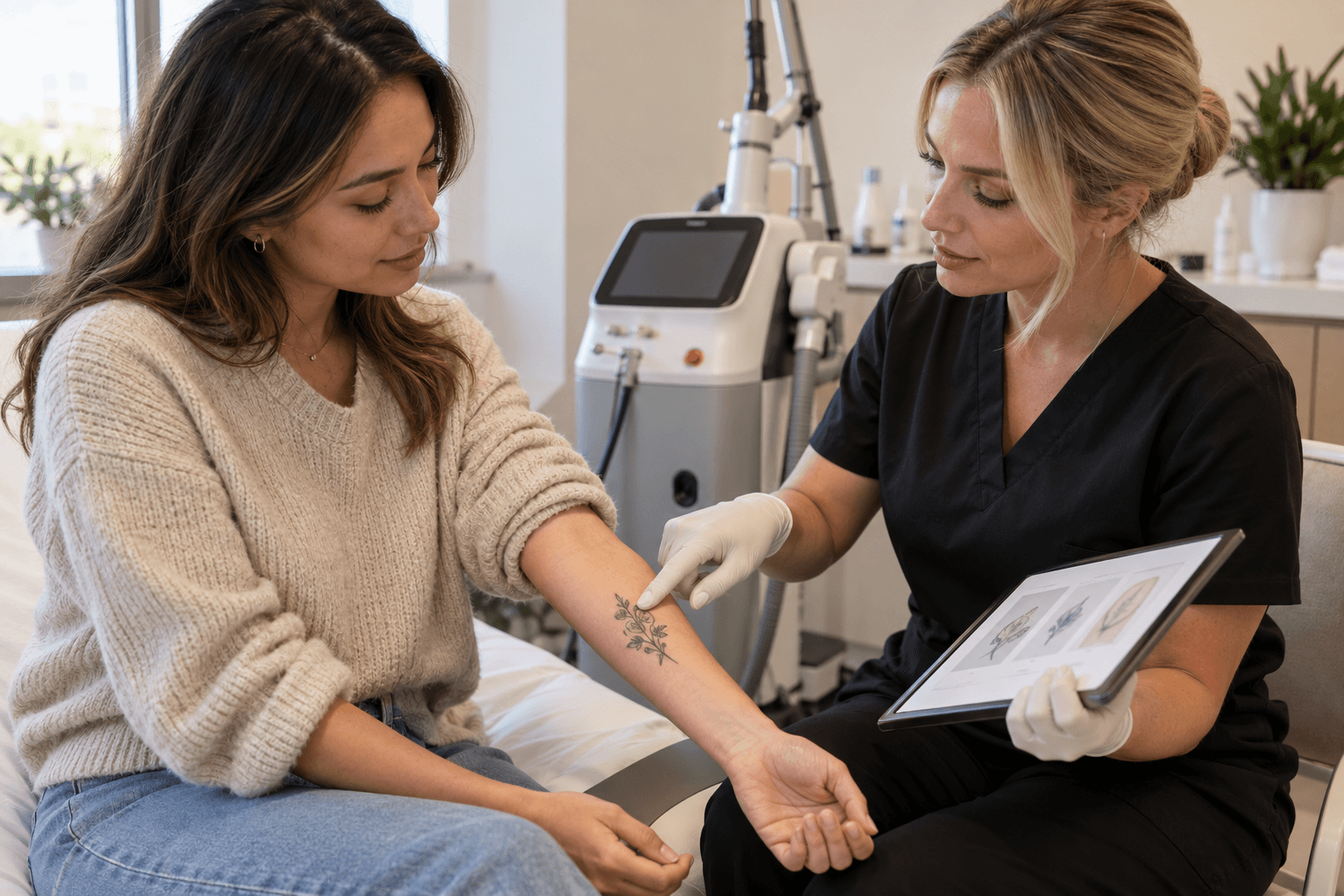 Adult client showing a small healed forearm tattoo during a professional laser-removal consultation