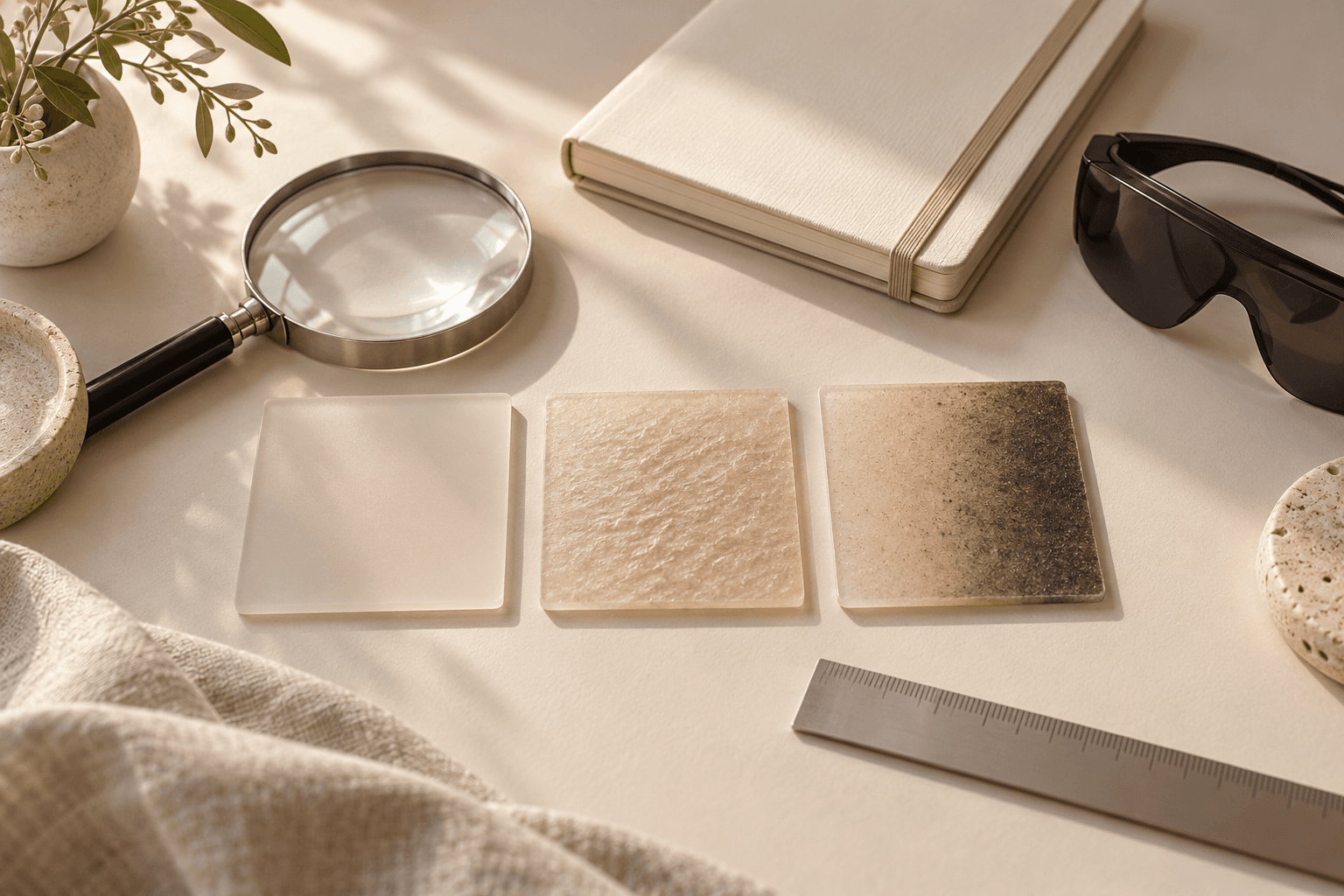 Abstract smooth, textured and pigment-gradient swatches arranged with consultation tools for comparing skin changes