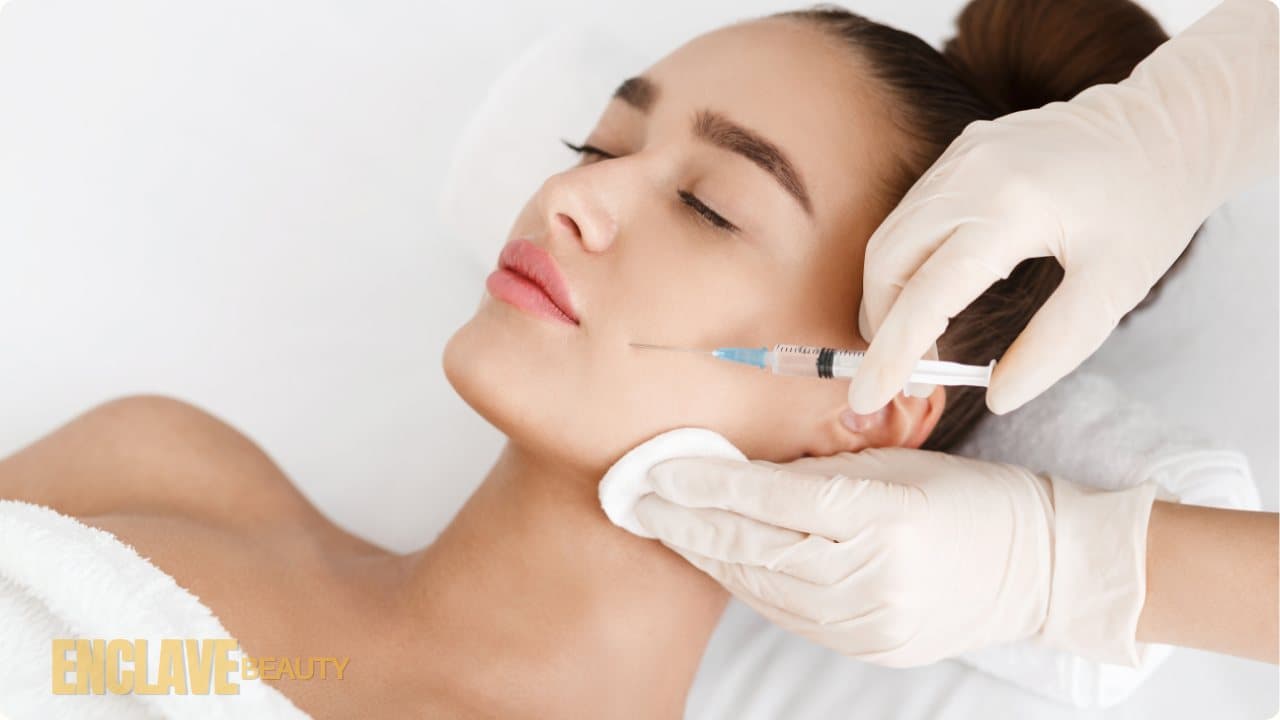 Gloved hands holding a syringe near a woman's cheek while she lies on a treatment bed