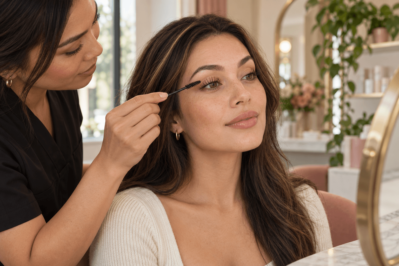 Adult client reviewing naturally lifted upper lashes with a lash professional and clean spoolie in a bright beauty studio