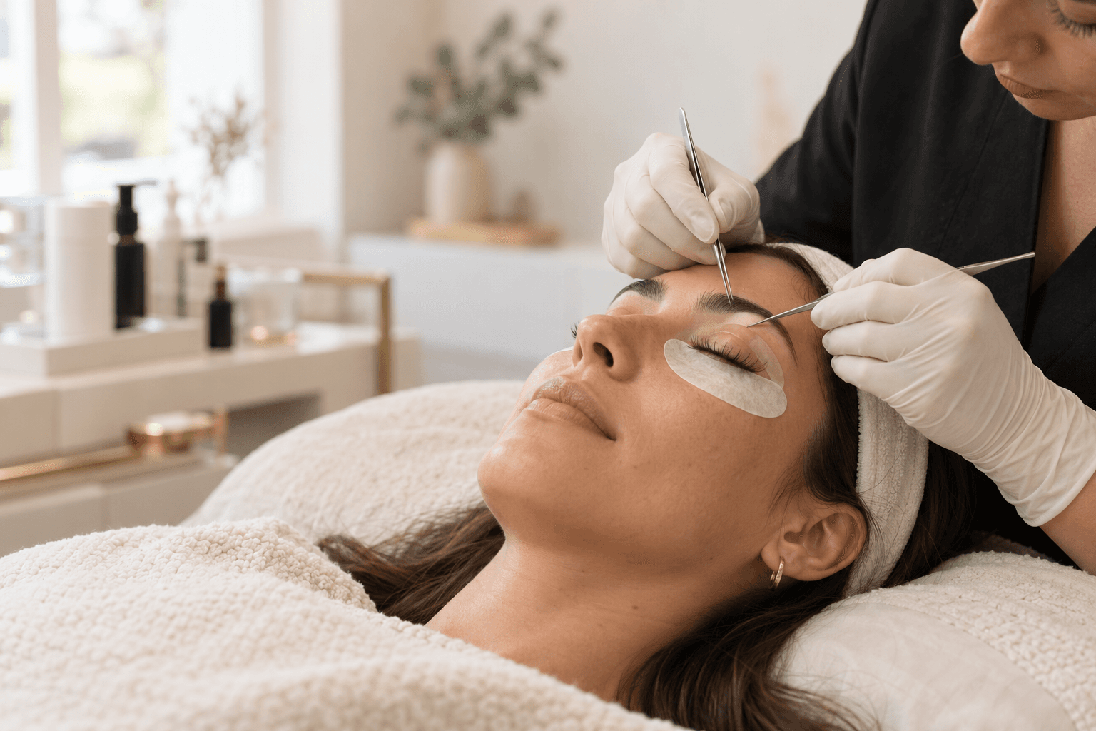 Adult client with eyes closed during a professional lash service in a clean beauty studio