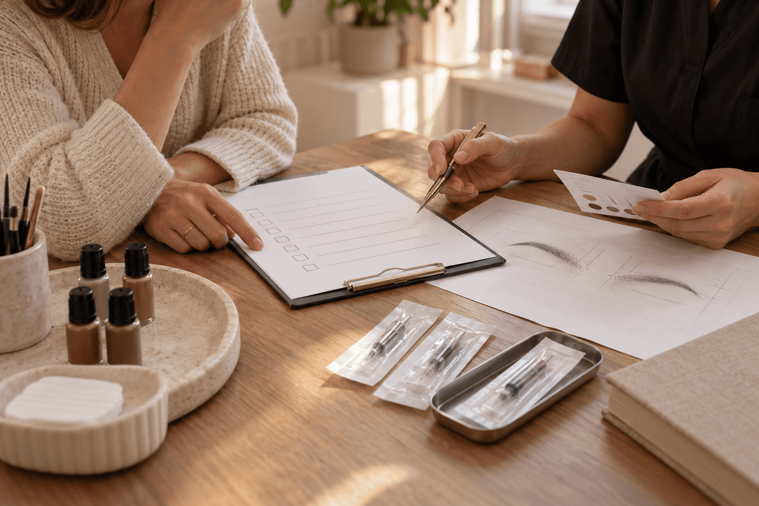 Two adults reviewing a blank provider checklist, brow-mapping sketch, pigment record and sealed cartridges at a consultation table