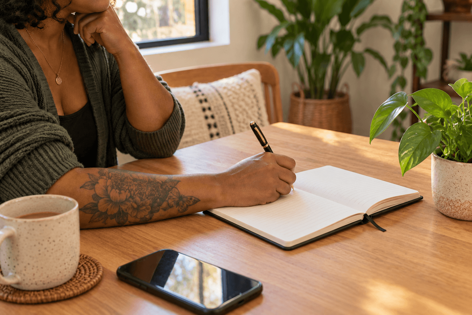 Adult with melanin-rich skin and a healed forearm tattoo writing questions in a notebook