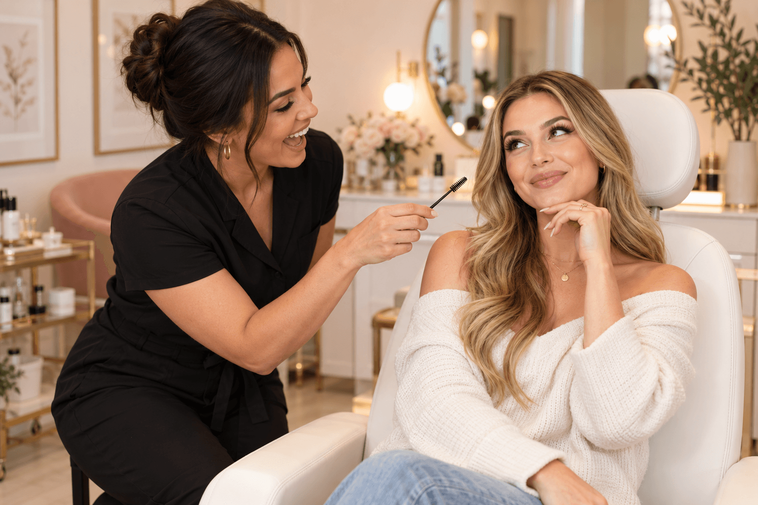 Two adults sharing a playful lash-extension interview moment in a bright beauty studio