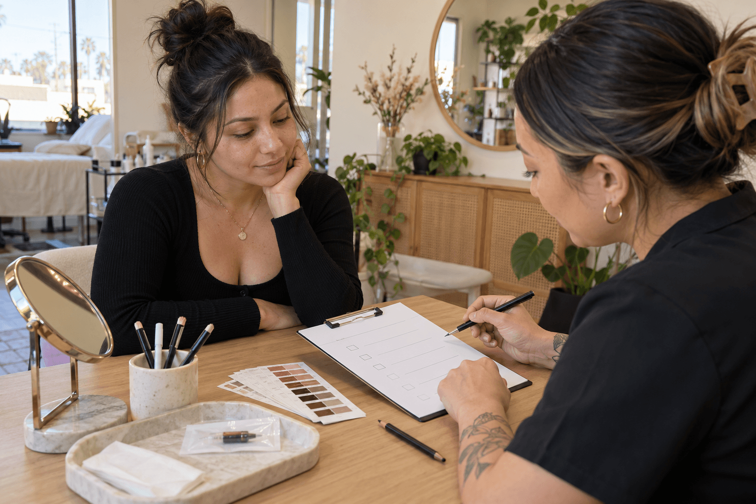 Adult client and permanent makeup professional reviewing a blank decision checklist and pigment swatches during a consultation