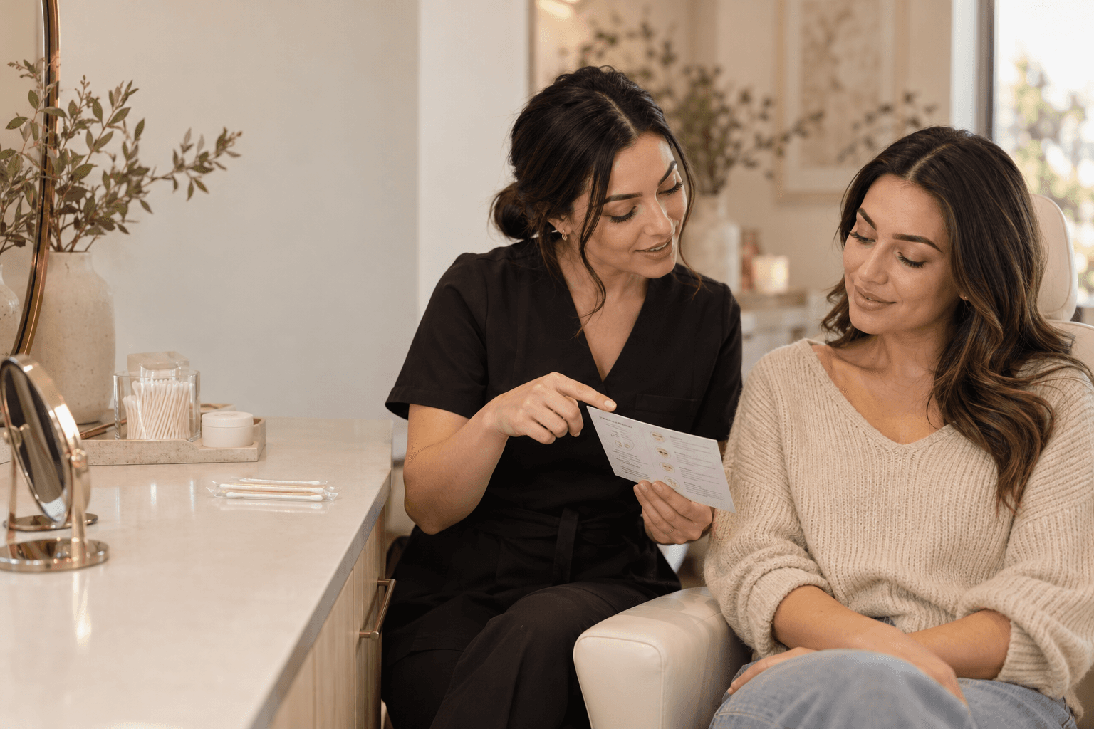 Adult client with soft powder brows reviewing a permanent makeup aftercare card with an artist in a bright beauty studio