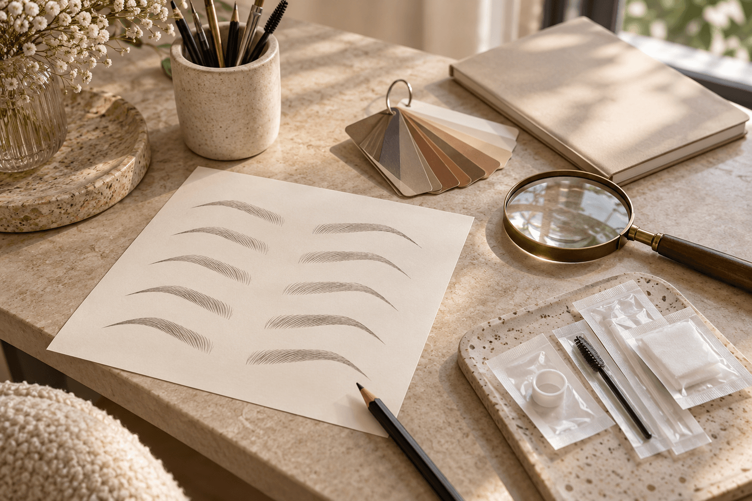 Brow-shape sketches, neutral pigment swatches, a magnifying glass and packaged tools on a permanent-makeup consultation table