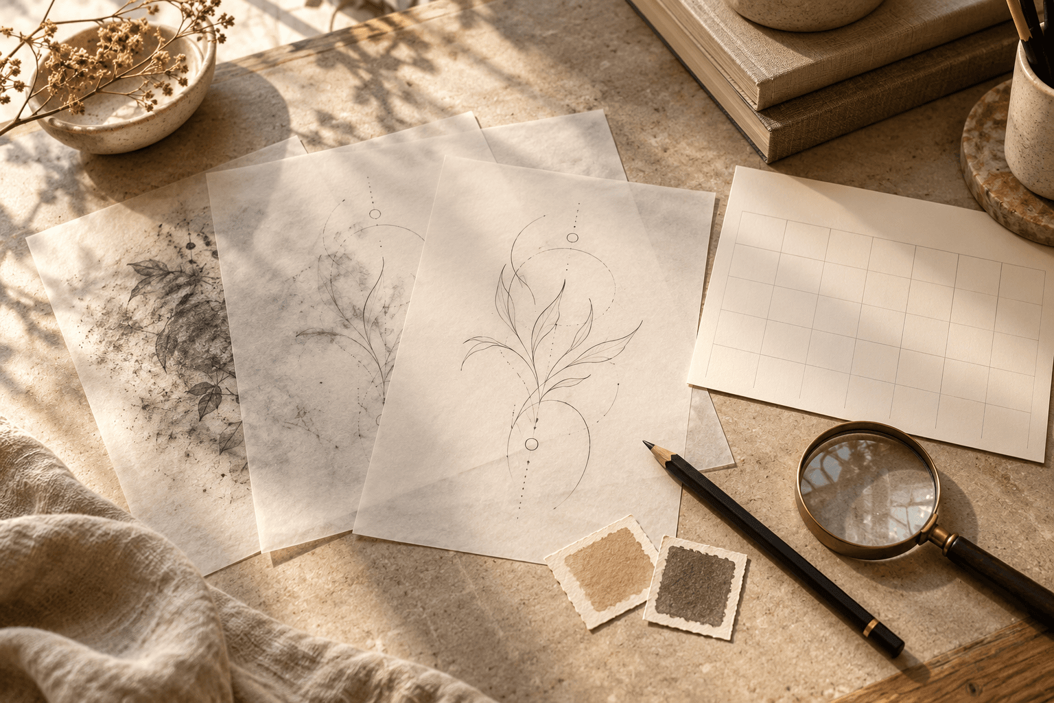 Layered tracing-paper designs and consultation tools arranged to represent tattoo fading and future artwork planning