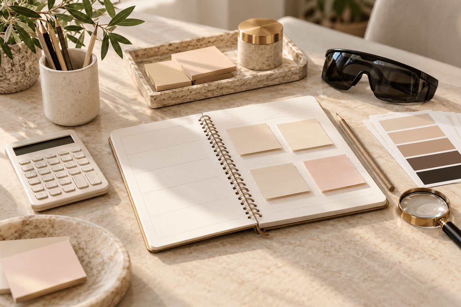 A calculator, blank planner, pigment swatches and protective eyewear arranged for a tattoo-removal cost consultation