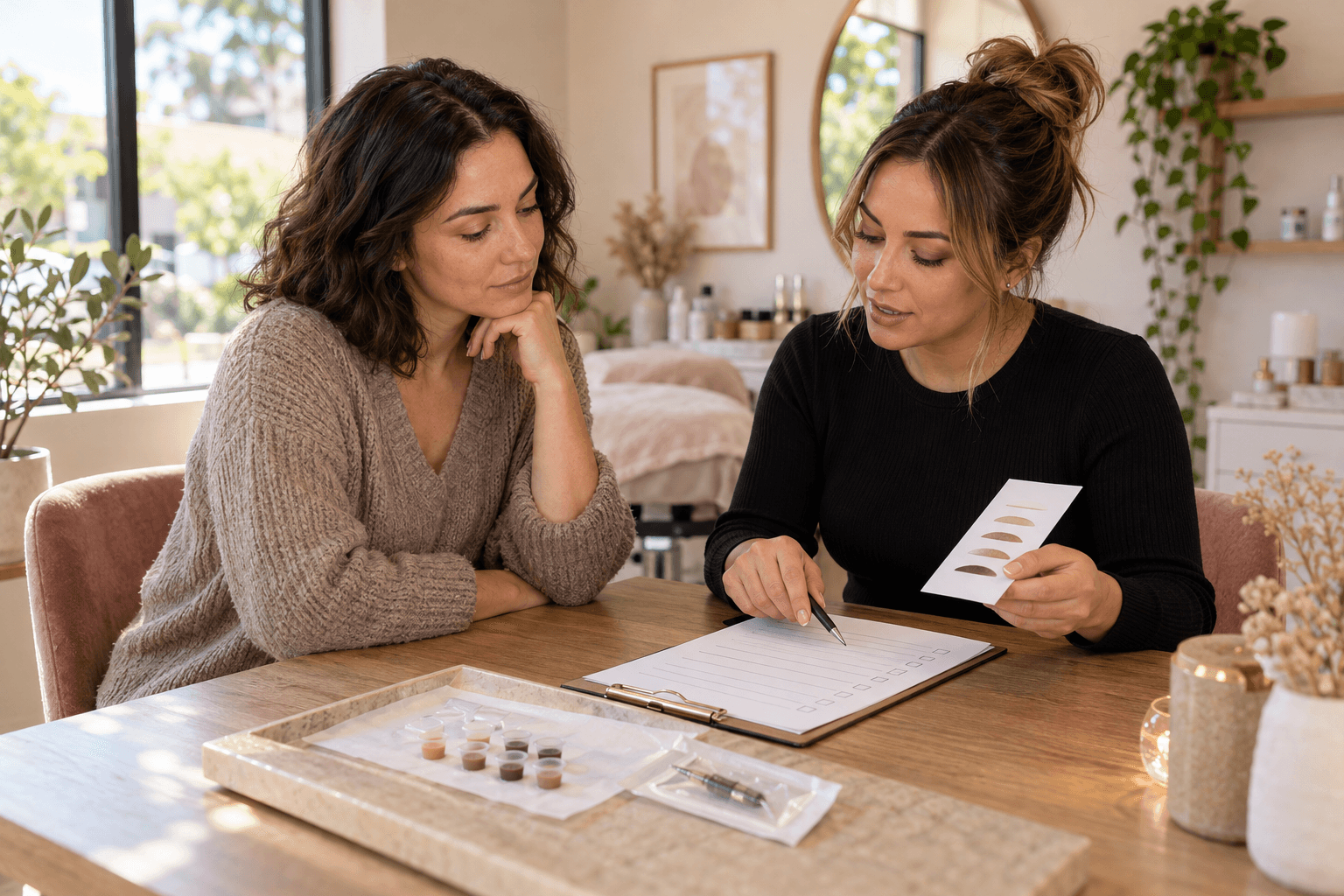 Adult client and permanent makeup artist reviewing a candidacy checklist and pigment card before a procedure